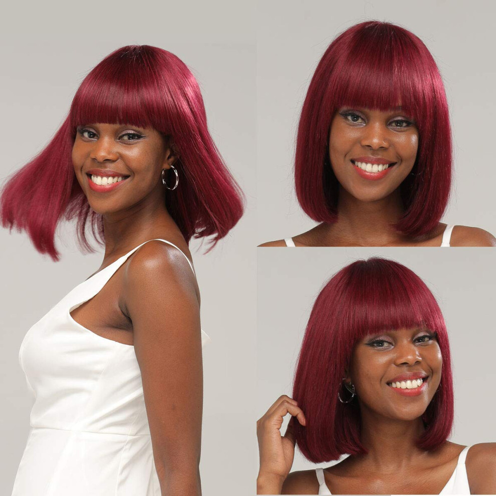 Unisex Red Bob Wig Human Hair With Bangs Glueless Brazilian Straight Vibrant Color For Women