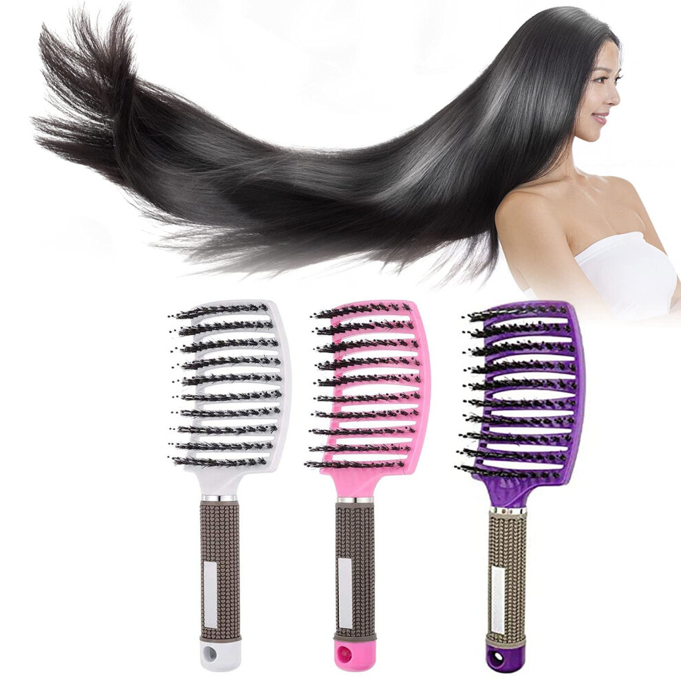 3 Pcs Boar Bristle Hair Brush Set, Curved Vented Paddle Brush for Thick Curly Hair, Fast Blowdrying Detangler