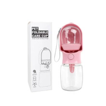 Portable Dog Water Bottle with Food Container, Leakproof Travel Dispenser & Foldable Bowl for Walking, Hiking, Pink 10oz