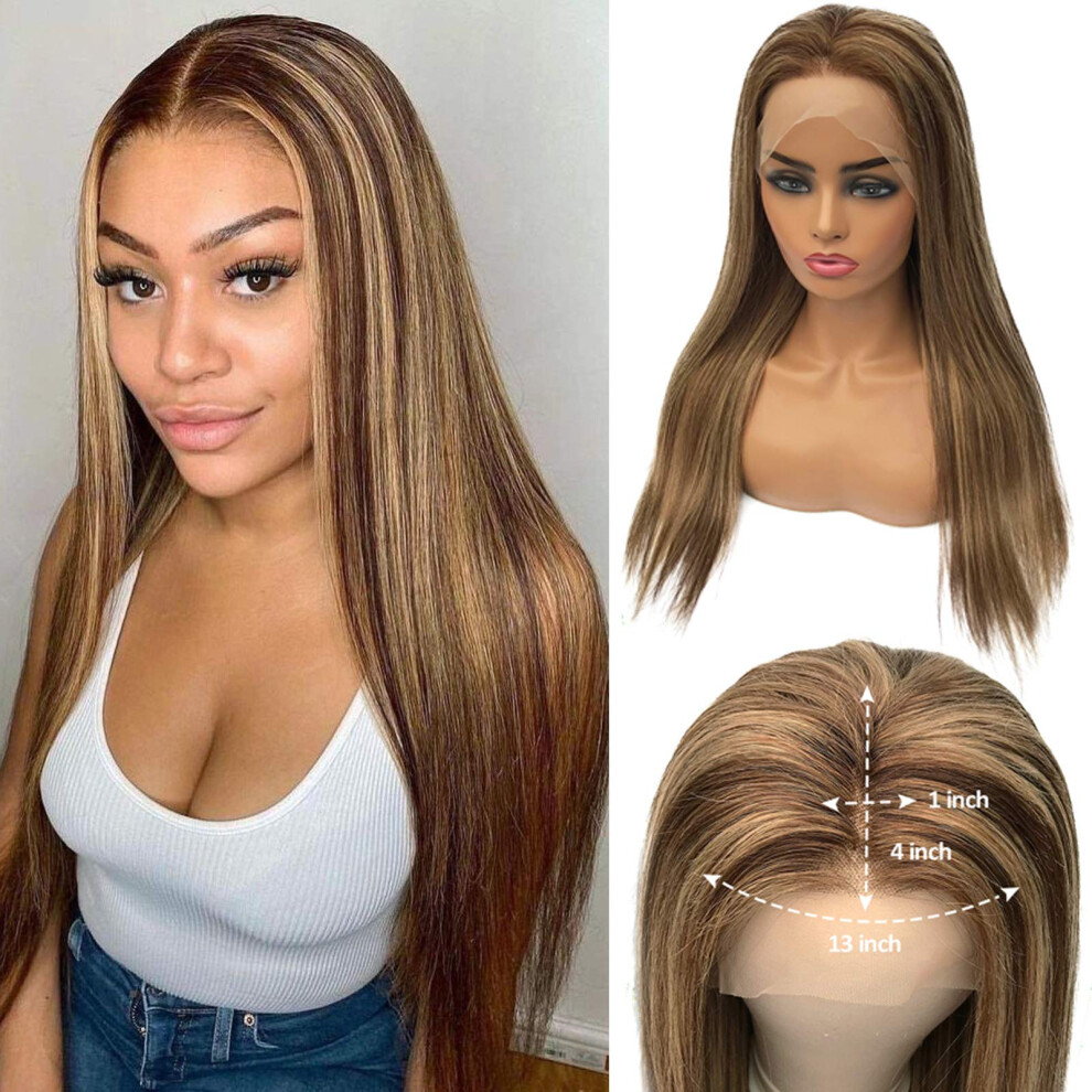 Unisex Brown Lace Front Wigs Human Hair Honey Blonde Highlight 12 Inch 13X4x1 Deep Parting Ombre Balayage Remy