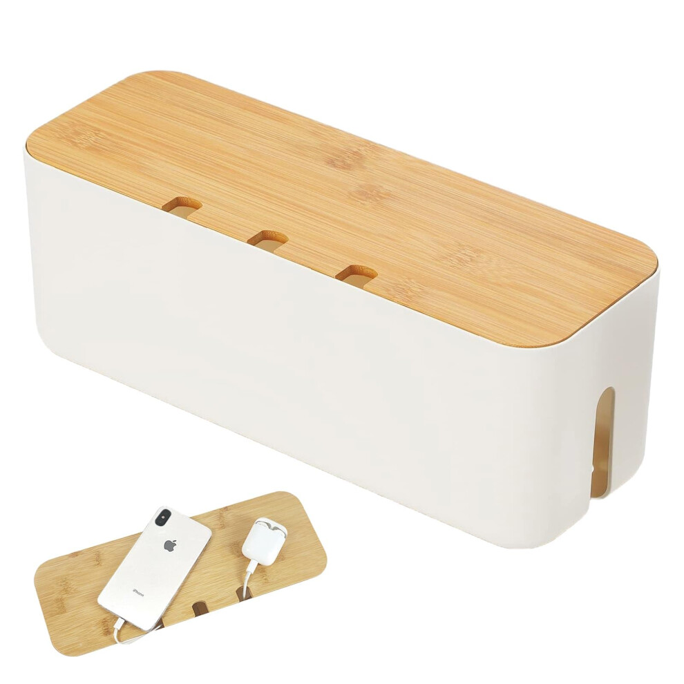 Cable Management Box With Wooden Lid, Hidden Cord Storage For Desk, Dust Protection, White 36X13x13cm 9164114980137