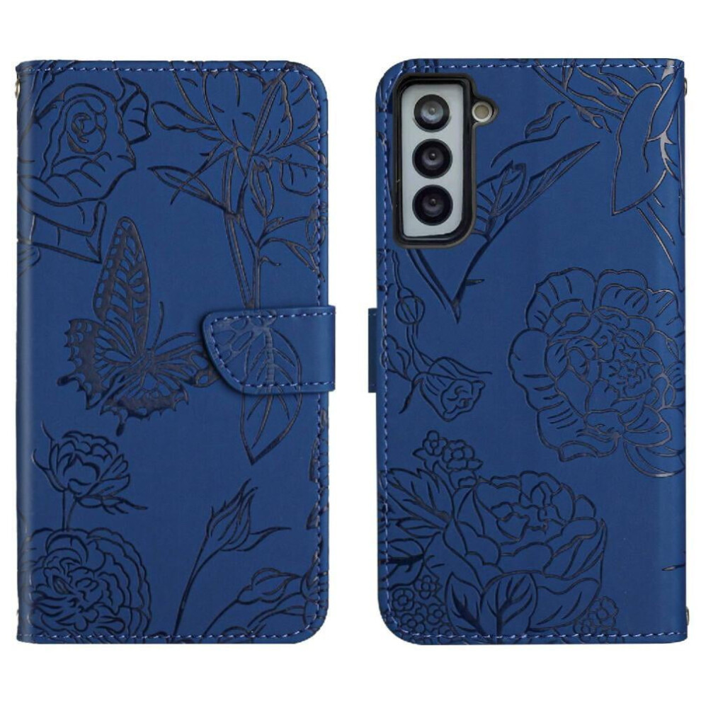 Shockproof Leather Case For Compatible With Samsung Galaxy S21, Anti-Drop Pu Flip Cover With Flowers, Butterflies & Wrist Strap 9482828465123