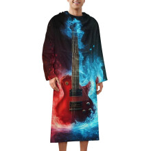Red Green Blue Fire Burning Electric Guitar Wearable Blanket with Sleeves and Pocket Comfy Flannel Fleece Snuggy Wrap Throws Blankets Robe 152x65cm