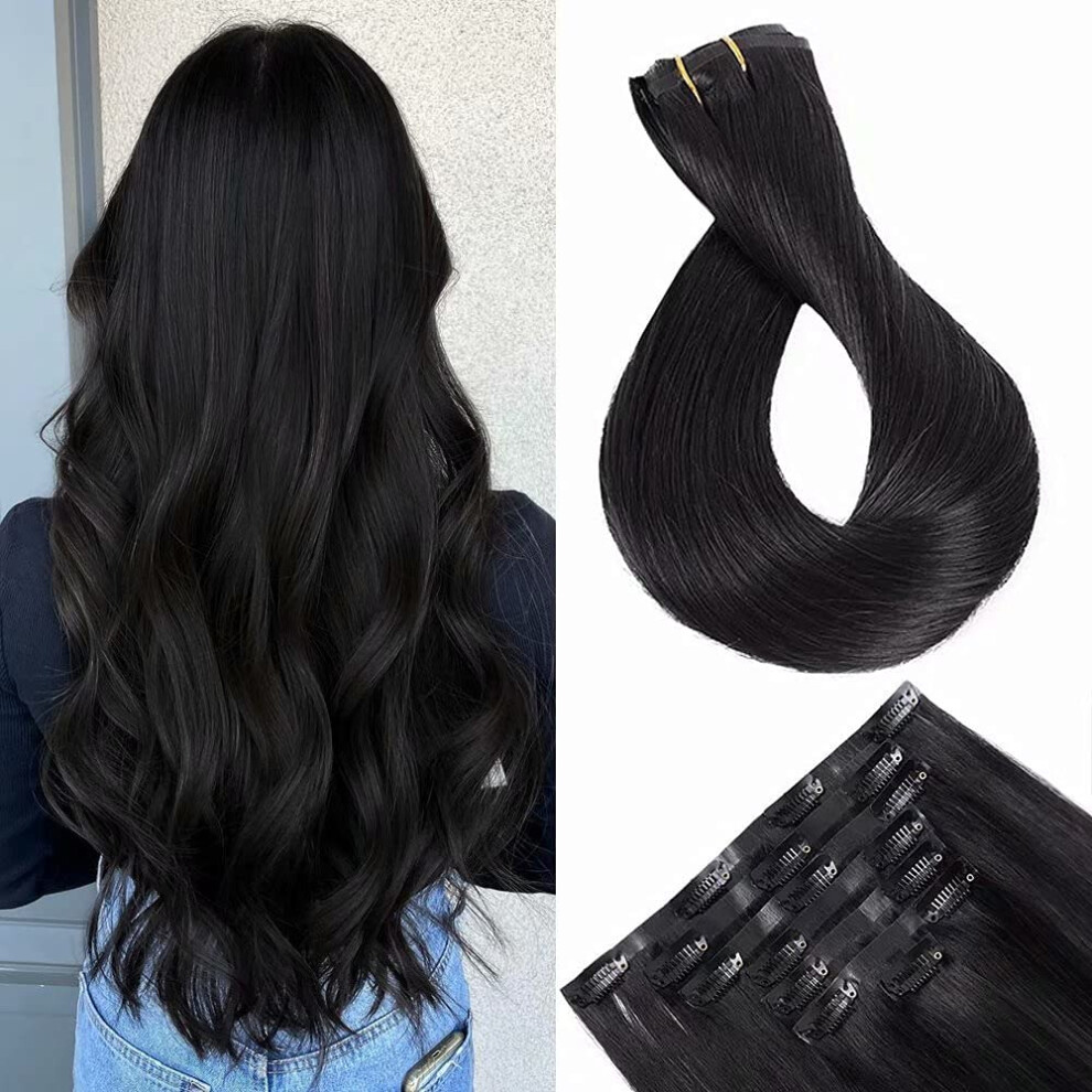 Unisex Black 14 Inch Seamless Pu Weft Clip In Remy Human Hair Extensions, Natural Straight 7Pcs 115G