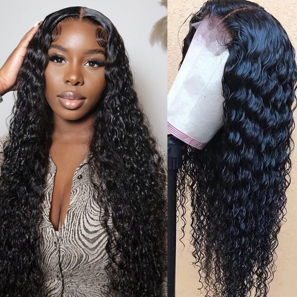 Unisex Black 4X4 Deep Wave Lace Closure Wig Human Hair, Pre Plucked Glueless Brazilian Virgin, 150% Density 22 Inch