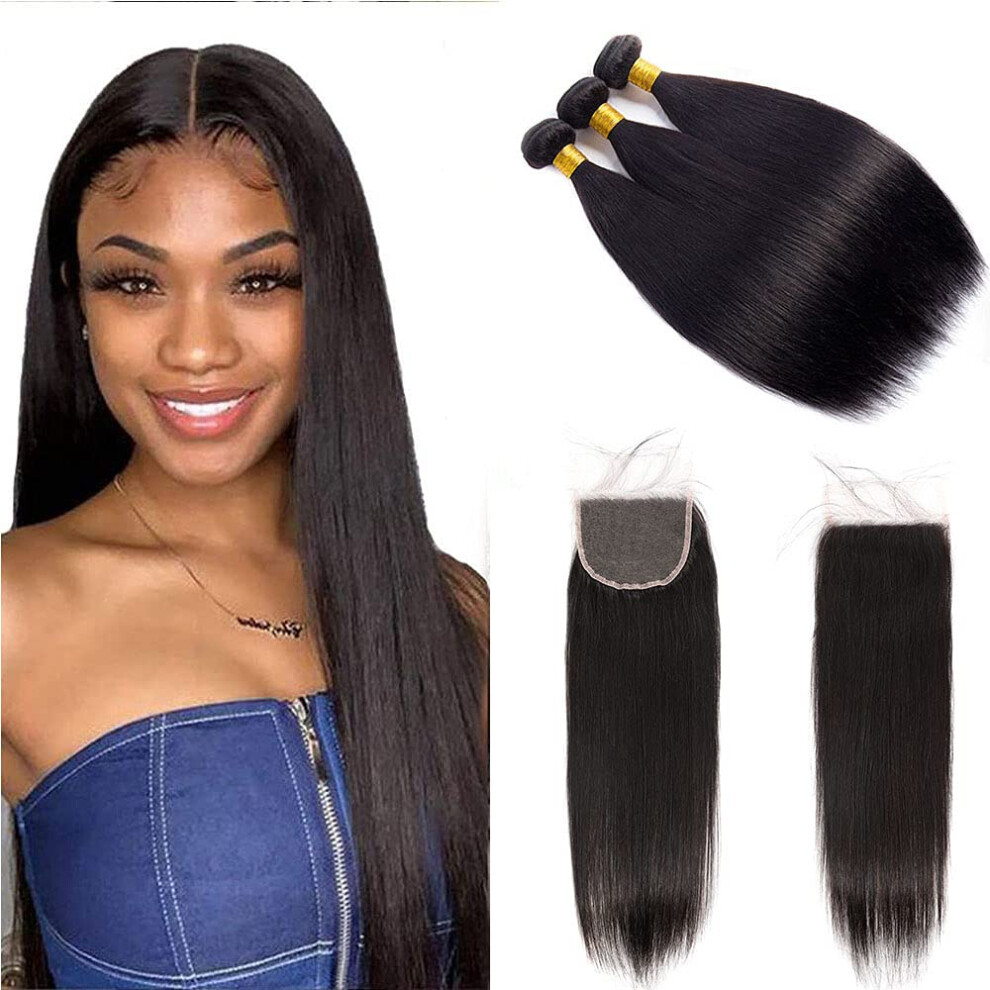 Unisex Brazilian Straight Hair 3 Bundles With 5X5 Lace Closure Virgin Human Hair Pre Plucked 16 14 Inch