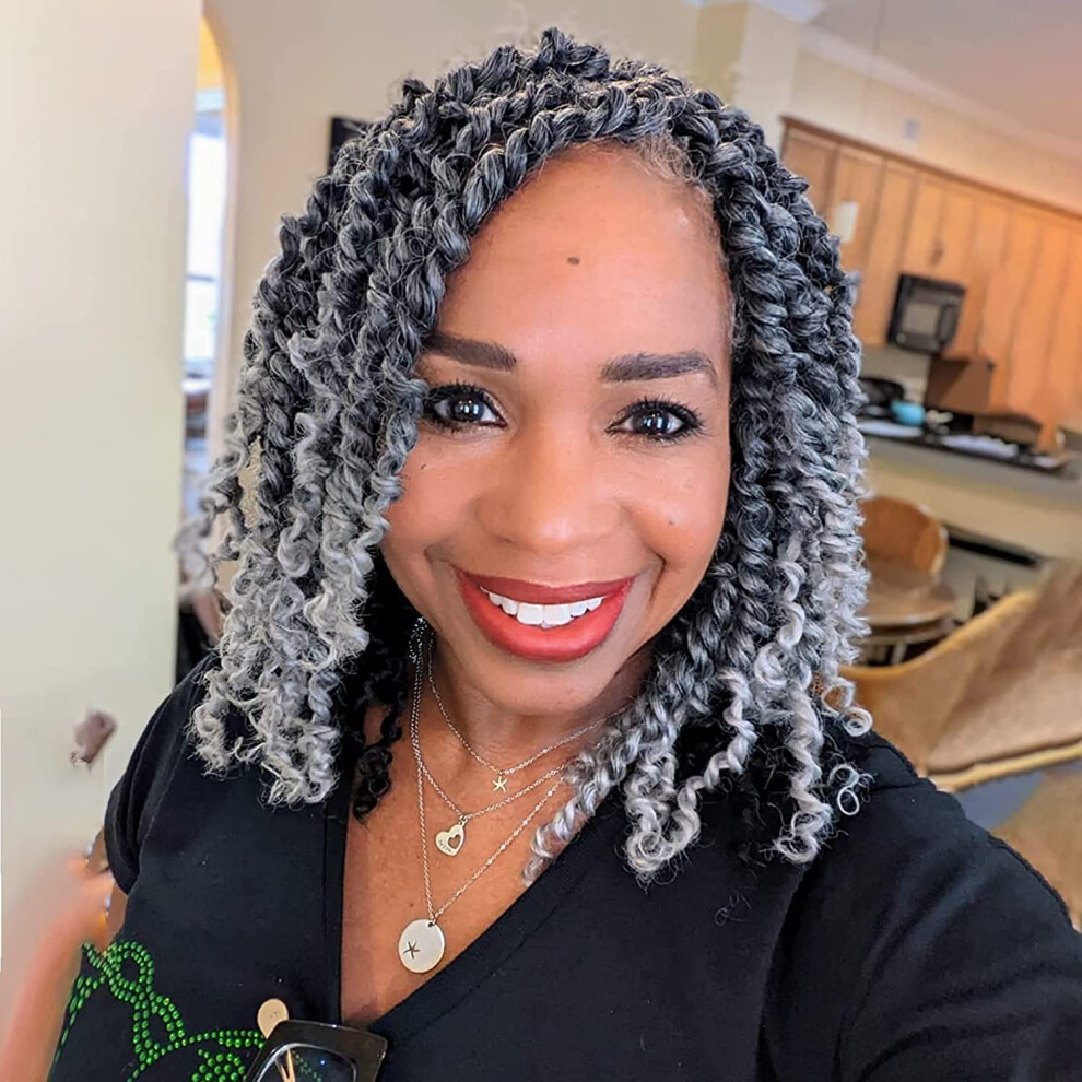 Unisex Gray Passion Twist Hair 8 Inch Ombre Prelooped Crochet Braids Extensions Soft Bohemian Style