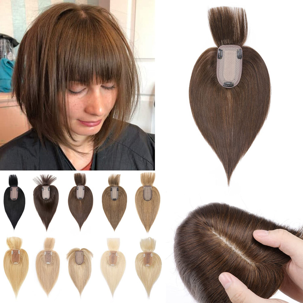 Unisex Brown 14 Inch Remy Human Hair Topper With Bangs, Silk Base Clip In Hairpiece For Thinning Hair Medium