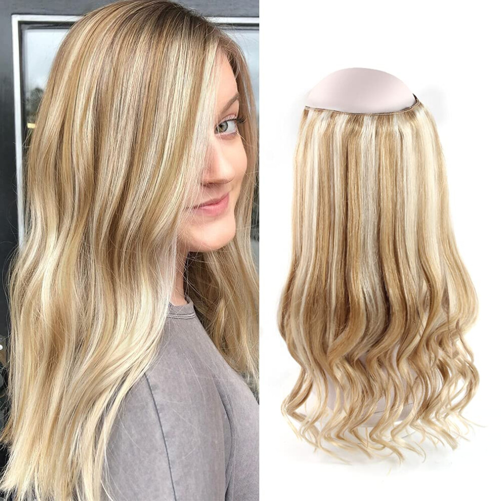 Unisex Halo Hair Extensions 20 Inch Blonde Highlight Remy Human Hair With Invisible Wire And Secure Clips