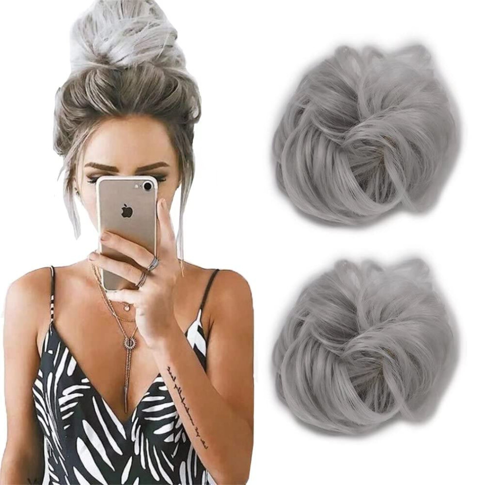 Hair Bun Extension Set Silver Synthetic Curly Messy Bun Hair Piece for Instant Volume and Natural Look
