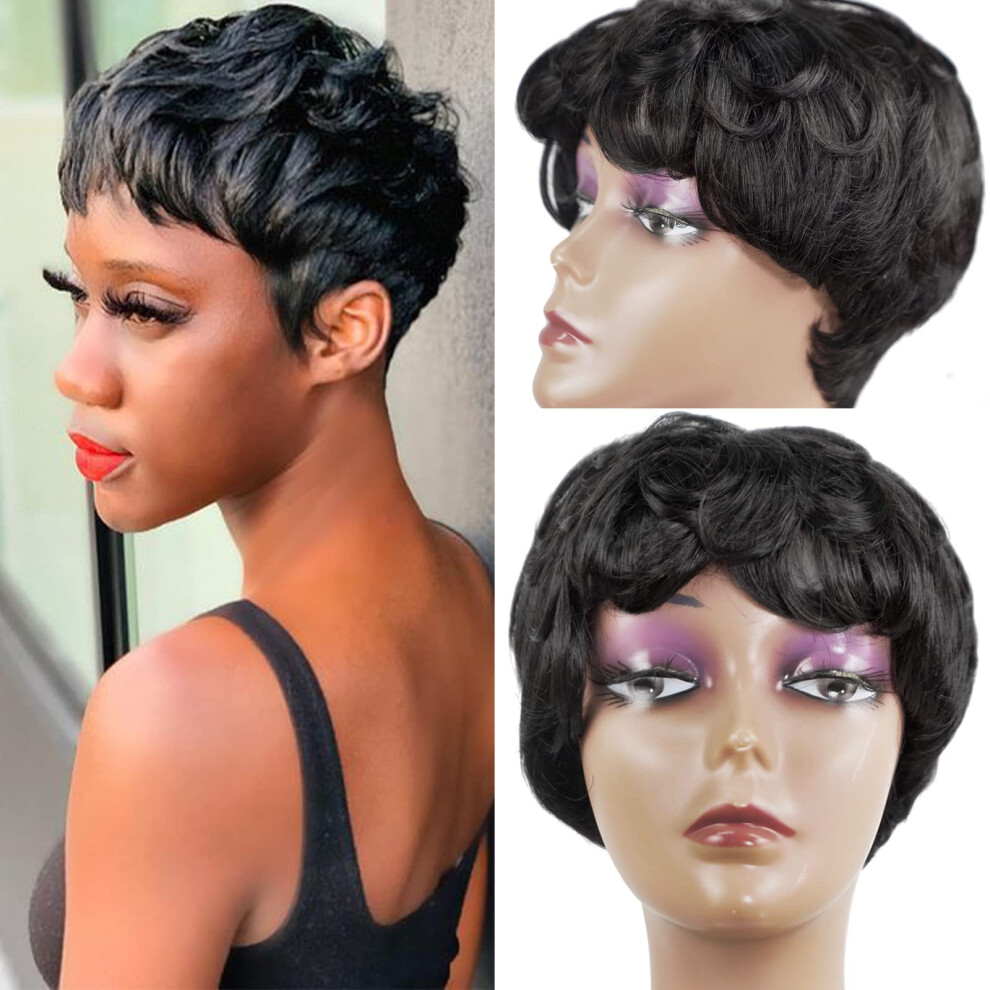 Unisex Black Pixie Cut Human Hair Wig For Women Glueless Short Layered Wavy Style With Bangs Natural