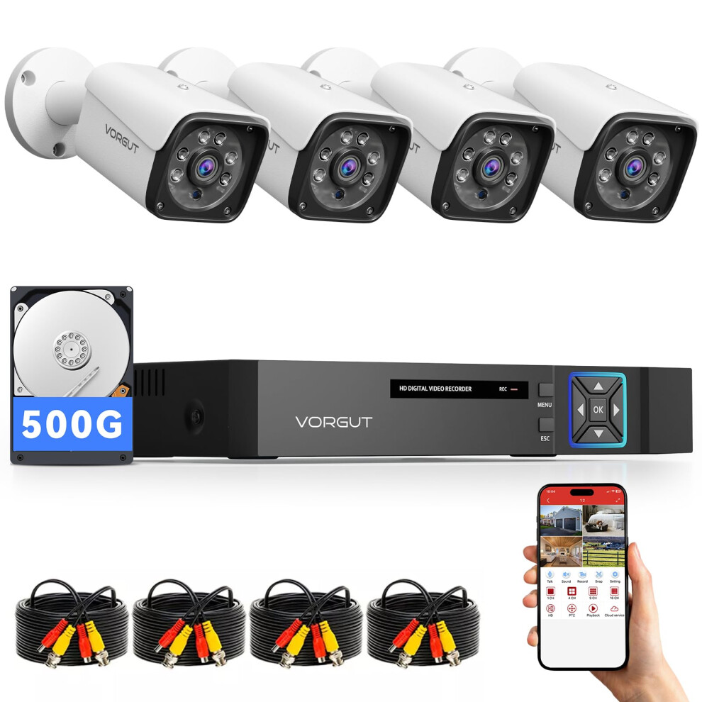 Wired Security Camera System With Dvr And 500Gb Hard Drive, 4Ch Cctv Kit, Night Vision, Human Detection For Indoor Outdoor Surveillance 9365369298422