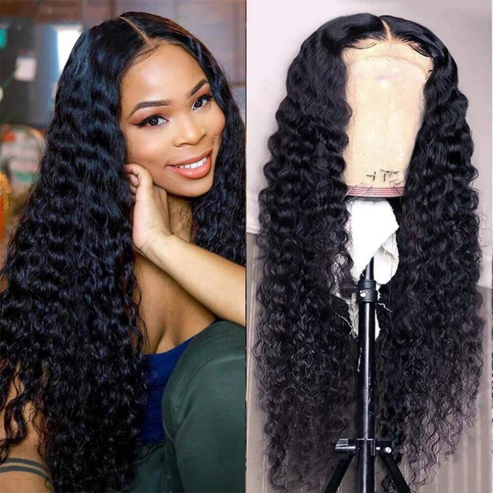 4x4 Lace Closure Wig 24 Inch Deep Wave Brazilian Virgin Human Hair 150 Density Wet and Wavy Natural Hairline