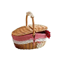 Wicker Picnic Basket with Removable Linen Lining and Wooden Handle for Outdoor Camping and Beach