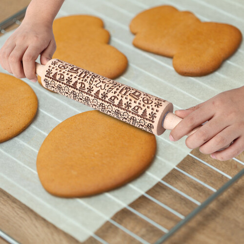 Holiday Pattern Rolling Pin, Premium Wood Ensures Safe And Environmentally Friendly Baking Adventures 1