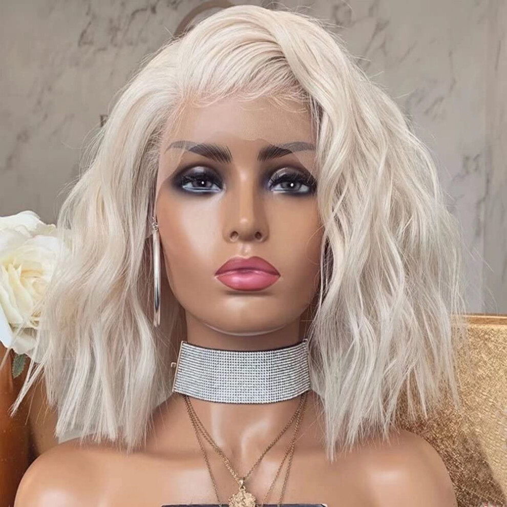 Platinum Blonde Lace Front Bob Wig Natural Hairline Heat Resistant Synthetic Short Curly 12 Inch