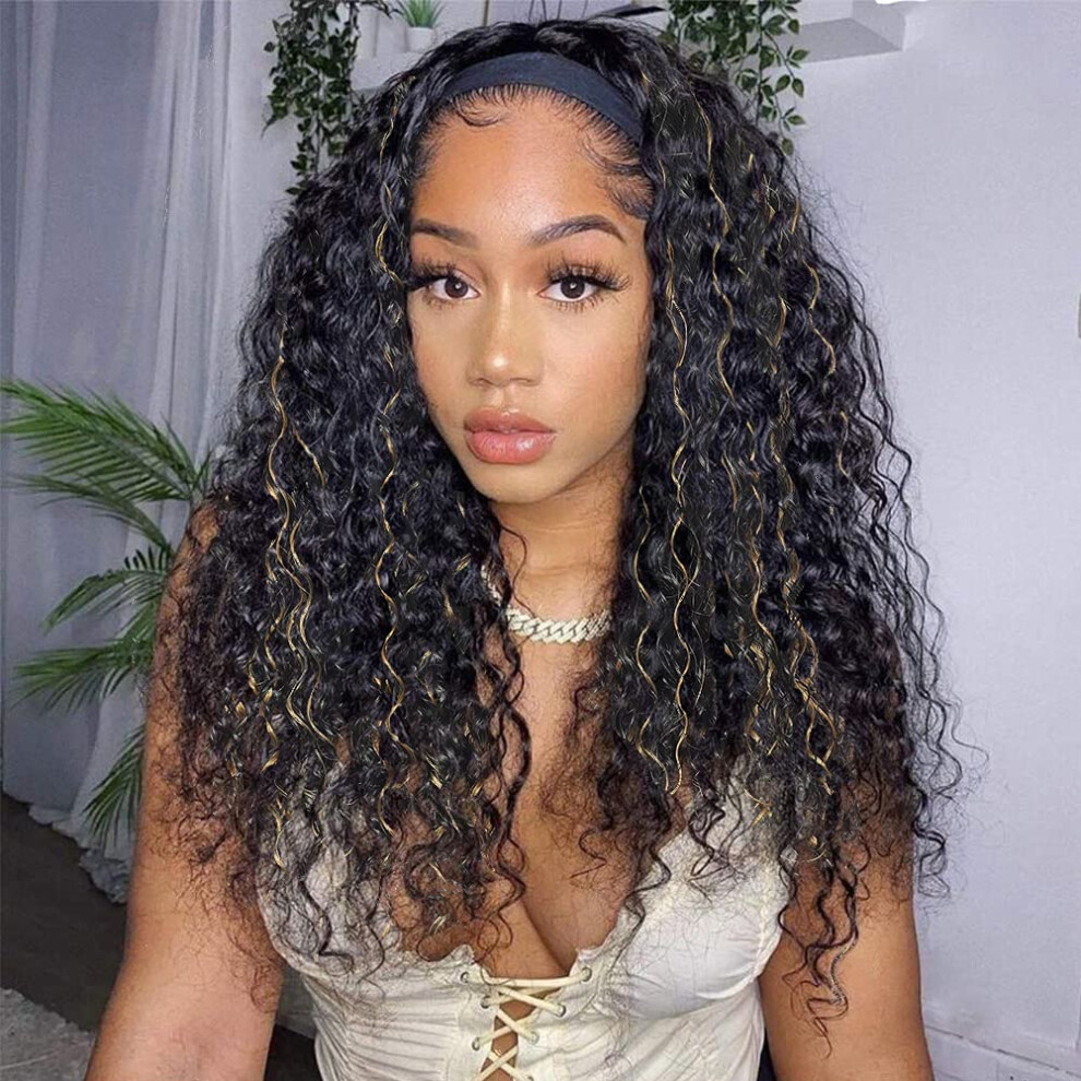 Unisex Curly Headband Wig Human Hair 18 Inch Wet And Wavy Brazilian Virgin Hair Glueless 150 Density Twotone 1B/27