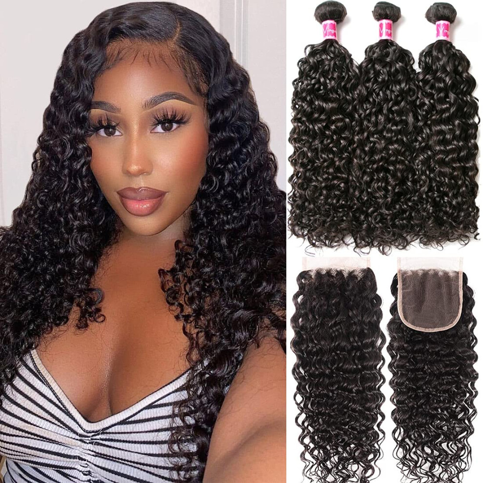 Water Wave Human Hair Bundles Brazilian Virgin Hair with 4x4 Lace Closure Wet and Wavy Texture Natural Hairline