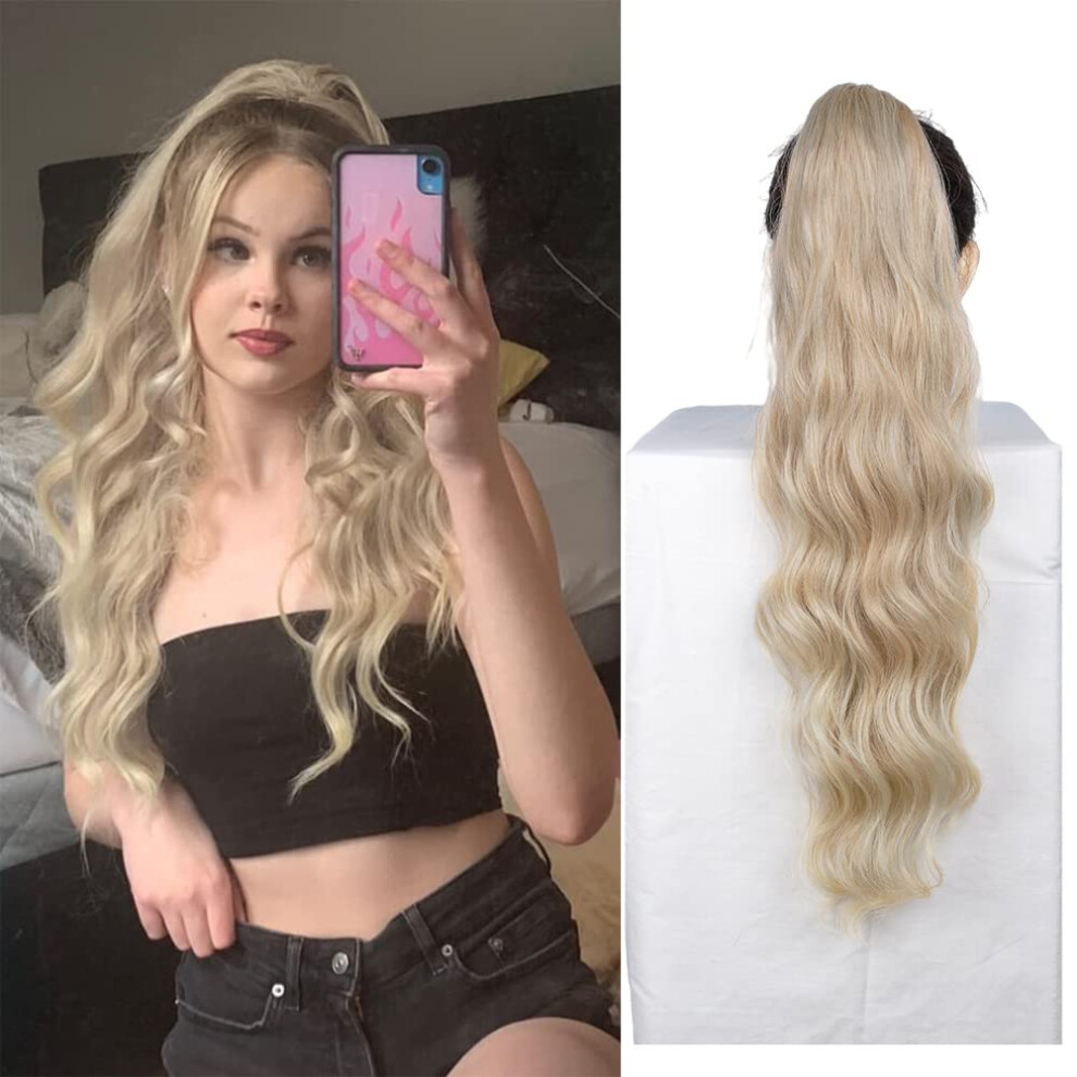Unisex 24 Inch Blonde Wavy Clip In Ponytail Hair Extension, Synthetic Drawstring Hairpiece With Natural Body Wave And HeatâResistant Fiber