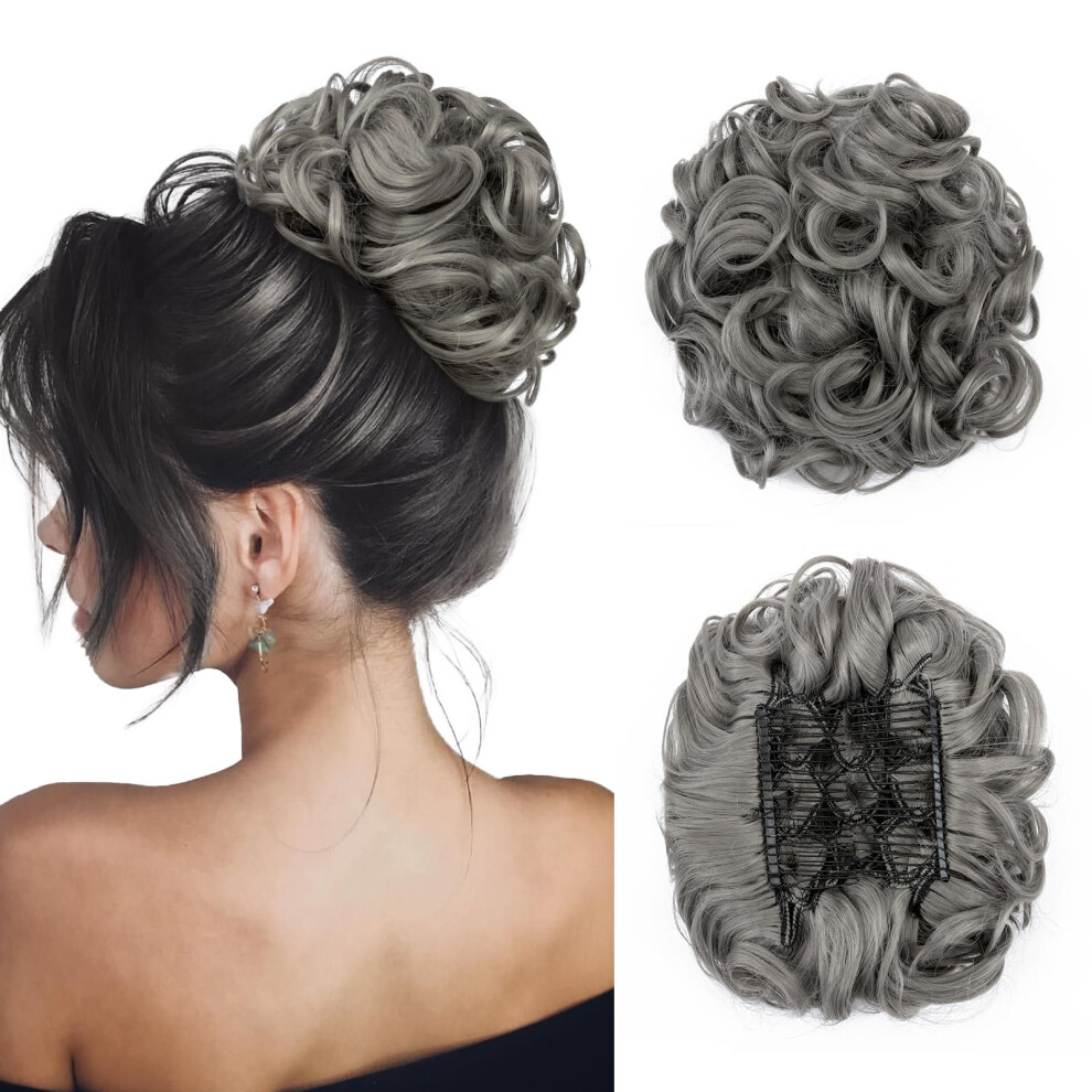 Gray Messy Bun Hair Piece with Combs Clip, Synthetic Hair Bun Extension for Instant Volume