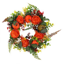 Guirlanda de Outono Poaug com Peônias e Abóboras (38*38cm) - Guirlanda Artificial de Outono para Porta, Decoração de Fazenda e Ação de Graças
