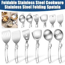 Foldable Stainless Steel Cookware Set with Locking Handle, Portable Camping Spatula Spoon Shovel for Travel Hiking BBQ Picnic
