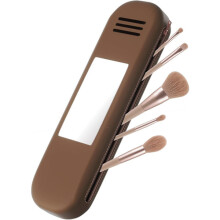 Estuche de viaje para brochas de maquillaje con espejo, estuche de silicona para brochas de maquillaje, cremallera con protección anticaída,