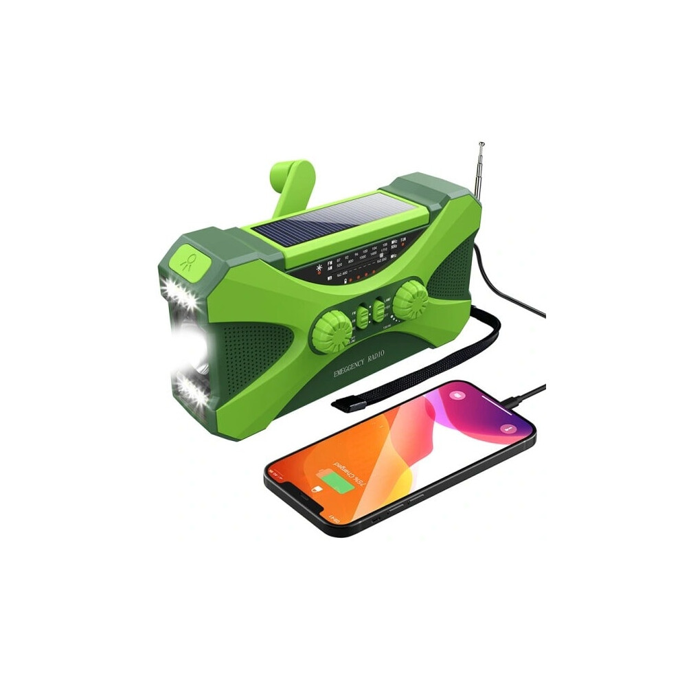 10000Mah Solar Powered Emergency Hand Crank Radio, With Hand Crank Power Generation, Flashlight, Usb Multi-Function Radio, Green 9173940182332