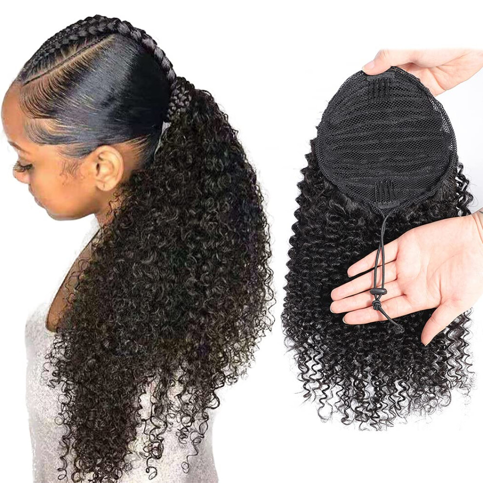 Unisex Kinky Curly Ponytail Extensions Natural Brazilian Human Hair 22 Inch Adjustable Drawstring Fit
