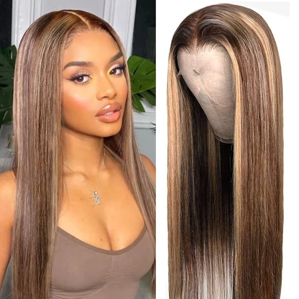 Unisex Honey Blonde Human Hair Wig 18 Inch Pre Plucked T Part Lace Front Highlight Balayage 150% Density
