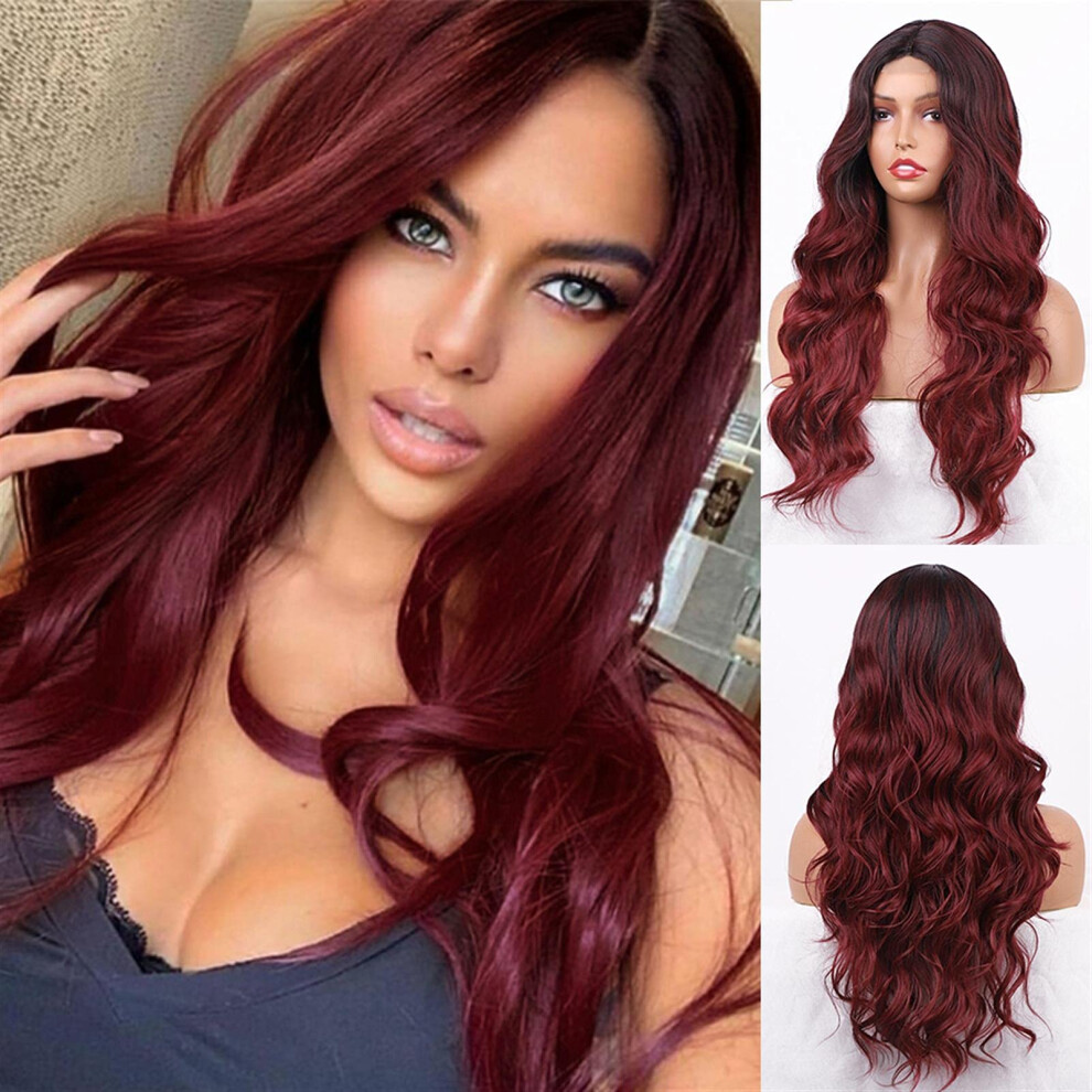 Wine Red Lace Front Wig 26 Inch Long Wavy Heat Resistant Synthetic Hair with Natural Hairline