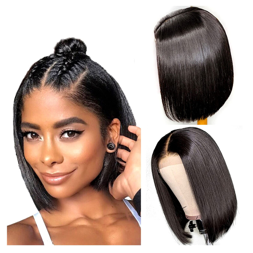 Unisex Bob Wigs Human Hair Short Brazilian Virgin Lace Front 4X4 Closure Pre Plucked Natural Hairline 8 Inch