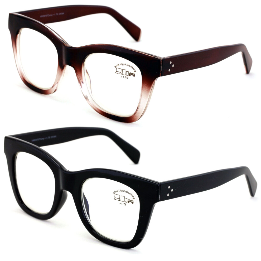 2 Pairs Large Women Bold Anti Blue Fatique Reading Glasses Reader 4.00