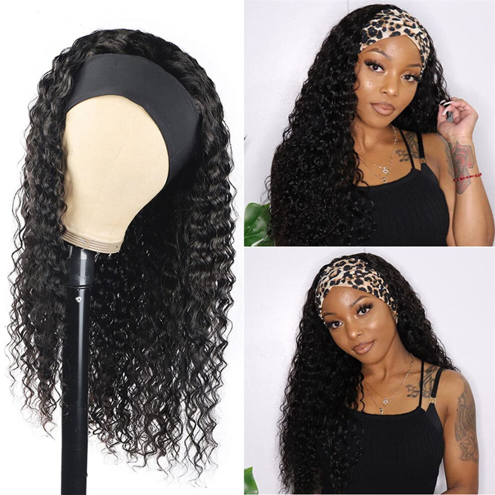 Unisex Black Deep Wave Headband Wig Human Hair Glueless Brazilian Remy 150 Density 16 Inch For Women