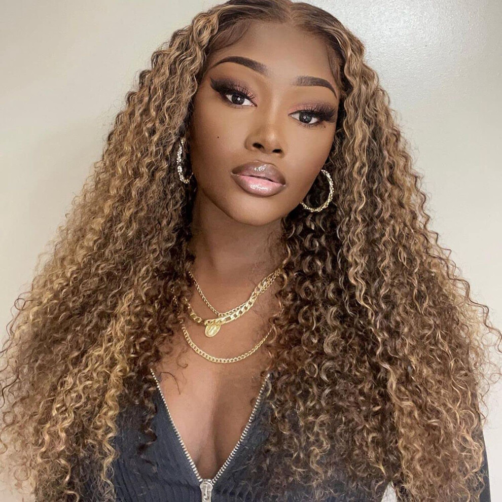 Unisex Black Ombre Blonde Lace Front Wig Human Hair With Highlights Curly 22 Inch For Women 150% Density