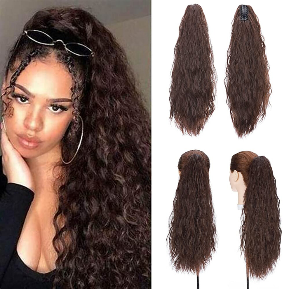 24 Inch Curly Ponytail Hair Extension with Secure Claw Clip, Synthetic Corn Wave, Medium Brown