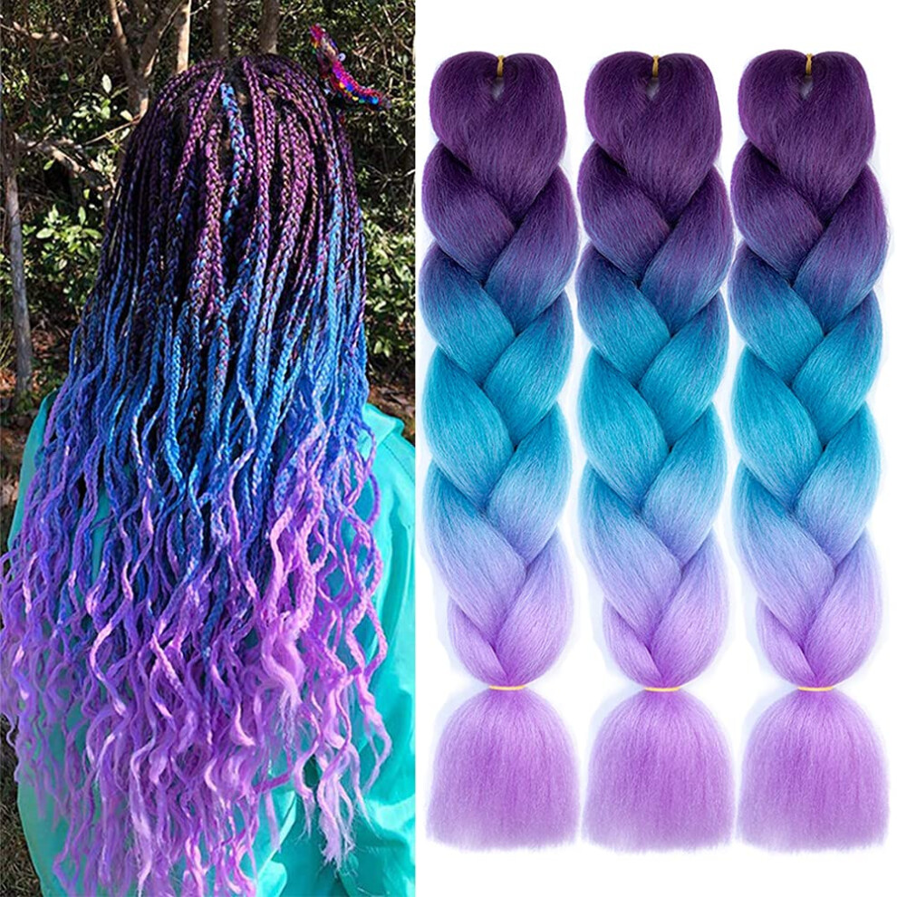 Ombre Purple Blue Braiding Hair 24 Inch Extensions, Pre Stretched Heat Resistant Synthetic Fiber