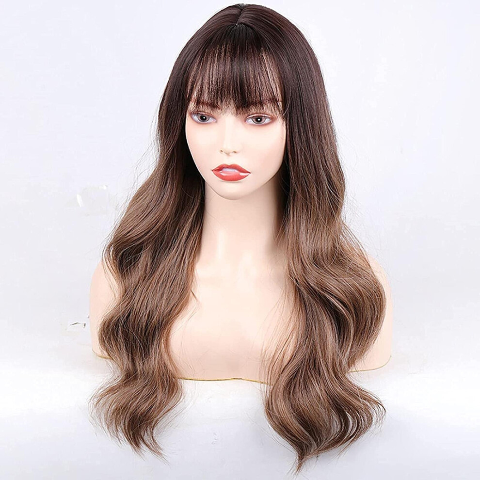 Unisex Brown Long Wavy Wig With Bangs Heatfriendly Synthetic Honey Blonde 24 Inches For Women Cosplay