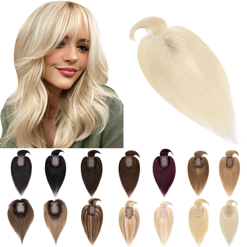 Unisex Silver Human Hair Topper With Bangs, 16 Inch Platinum Blonde Silk Base Clip In Hairpiece For Thinning Hair