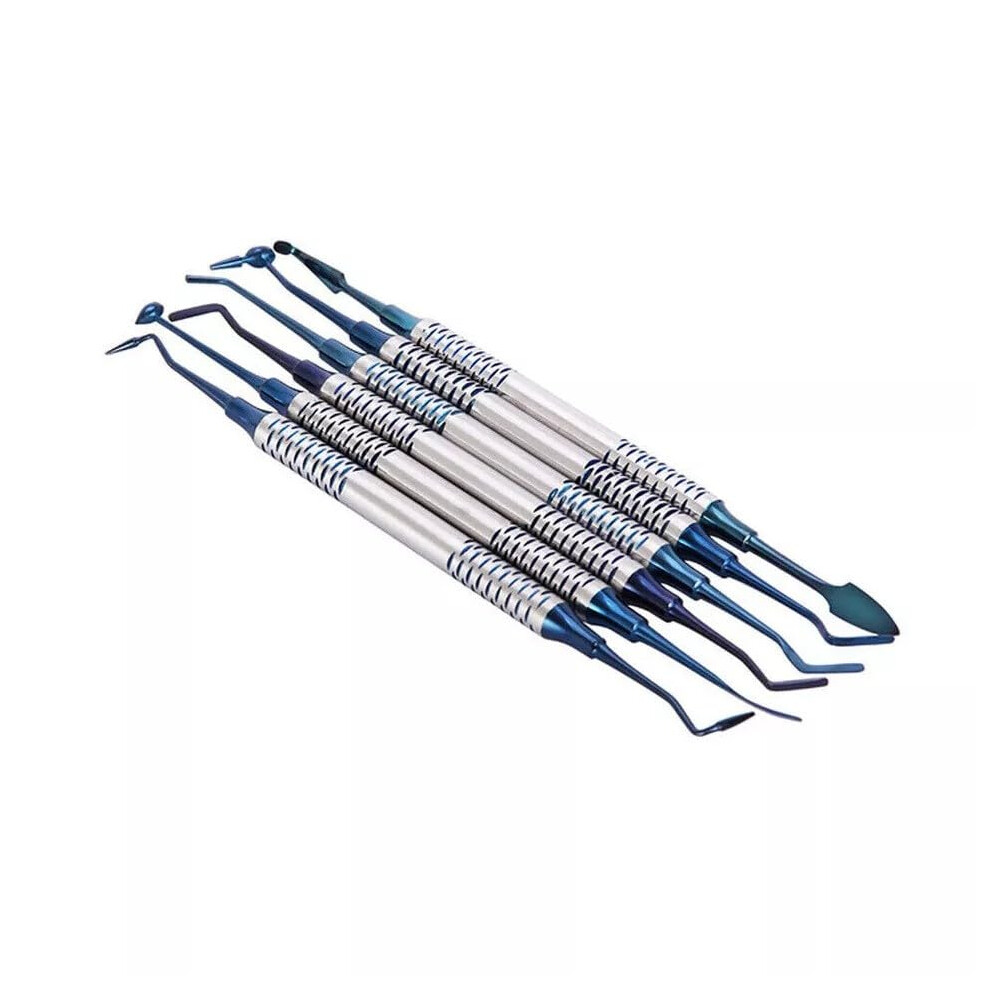 Blue Titanium Coated Dental Composite Filling Spatula Set With Ergonomic Grip For Aesthetic Restoration