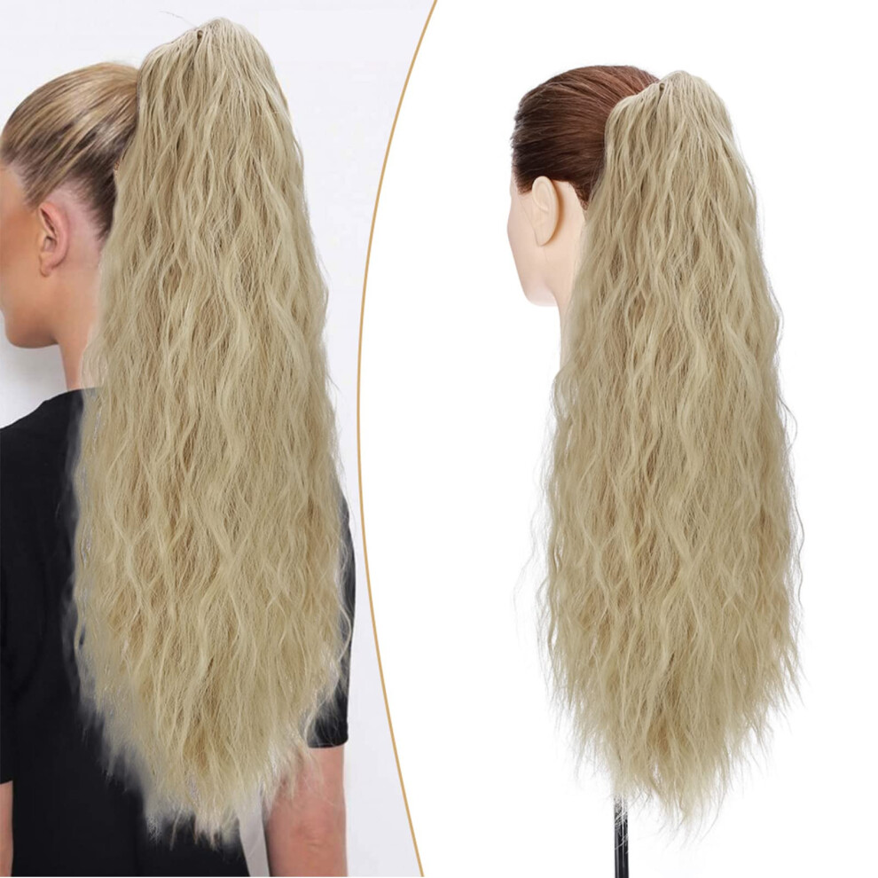 24 Inch Long Curly Ponytail Hair Extension with Secure Claw Clip, Natural Blonde Synthetic Waves