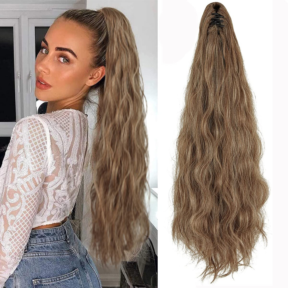 Unisex Ponytail Hair Extension 24 Inch Wavy Curly Synthetic Hairpiece With Secure Jaw Claw Clip
