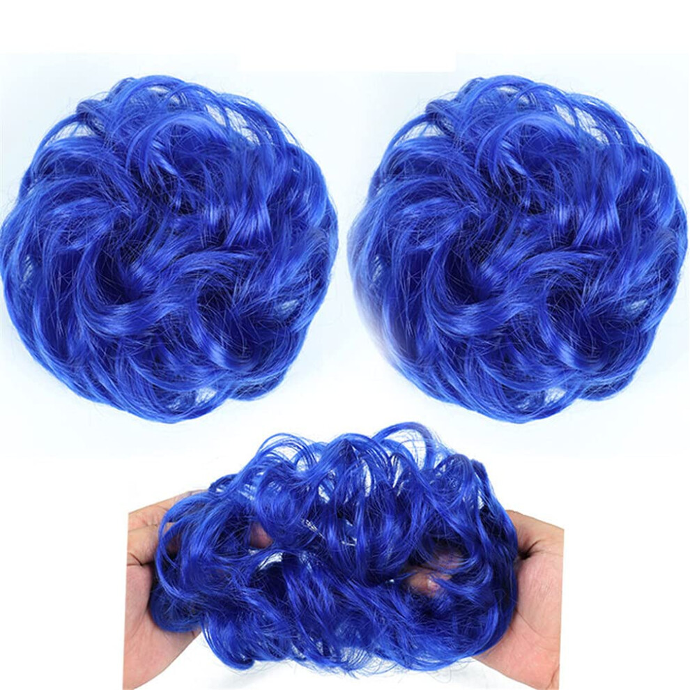 Unisex Blue Hair Bun Extension Messy Curly Chignon Hairpiece With Elastic Band Synthetic Updo For Women