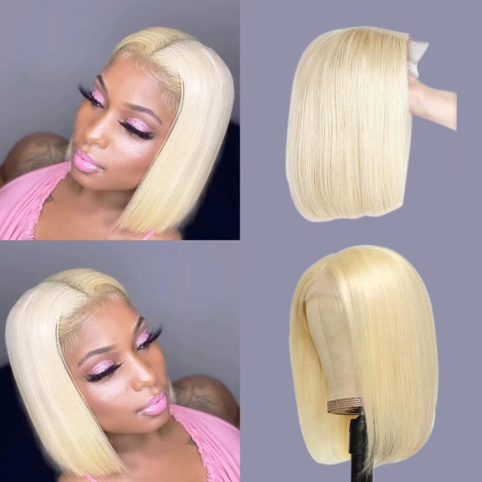 Unisex Blonde Bob Wig 13X6 Lace Front Human Hair 613 Middle Part 150% Density Natural Hairline 12 Inch