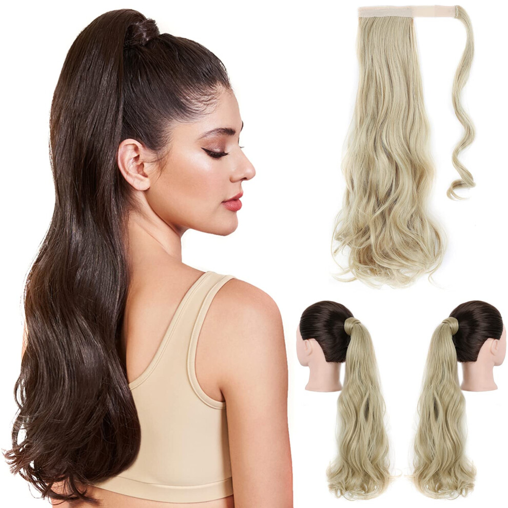 Ponytail Hair Extension 24 Inch Wrap Around Synthetic Long Wave Curly Clip In Pale Golden Blonde Mix