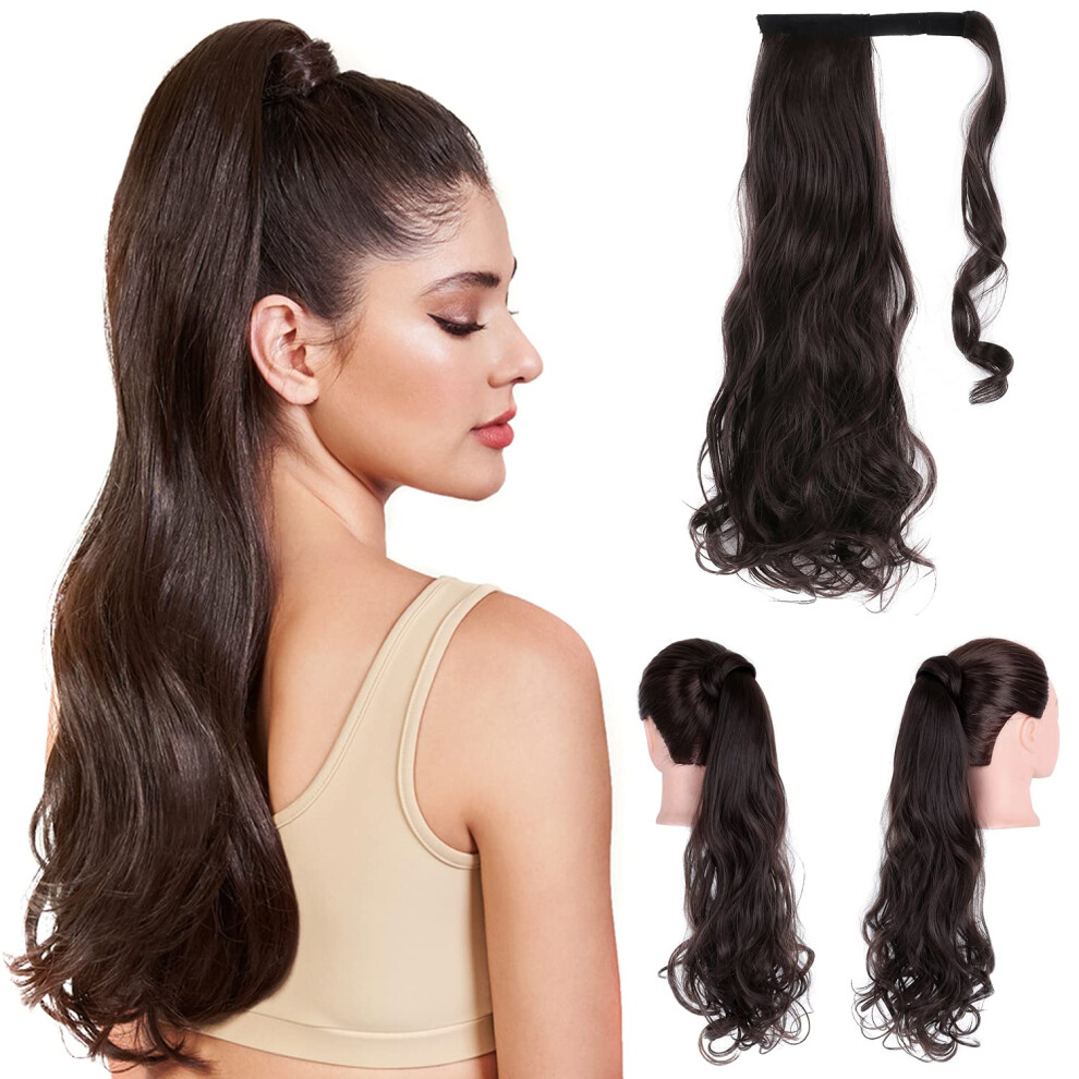 24 Inch Wave Clip In Ponytail Extension Dark Brown Synthetic Hairpiece for Instant Length and Volume
