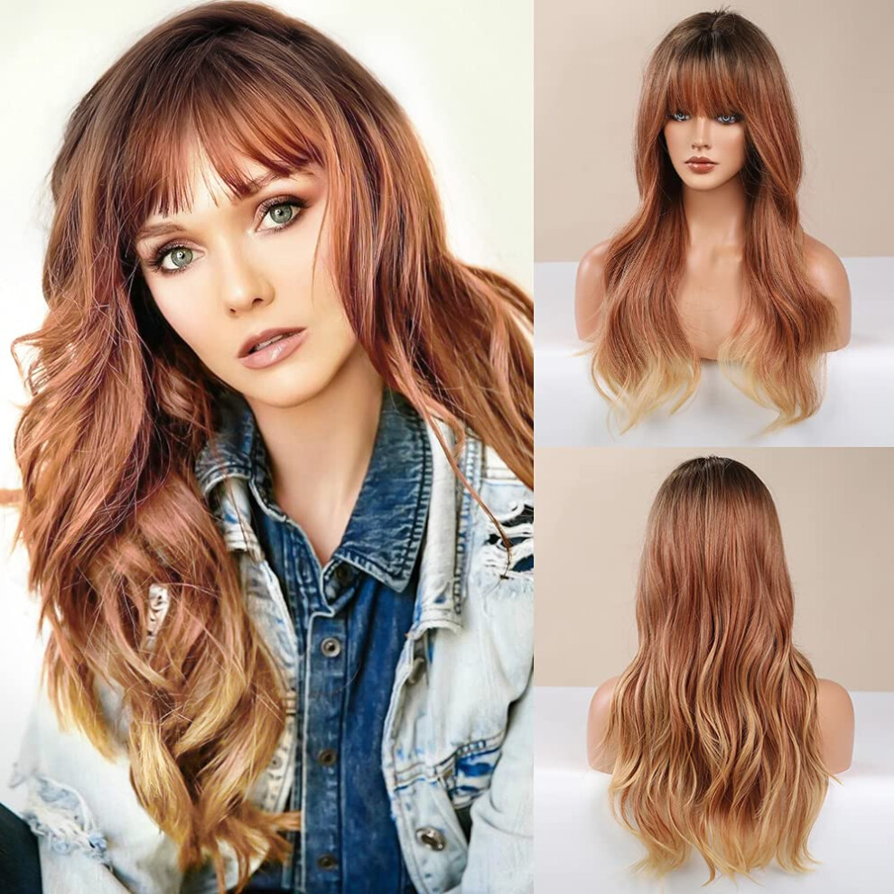 Unisex Strawberry Blonde Wig Long Ombre Wavy Style With Bangs For Women Daily Wear And Parties