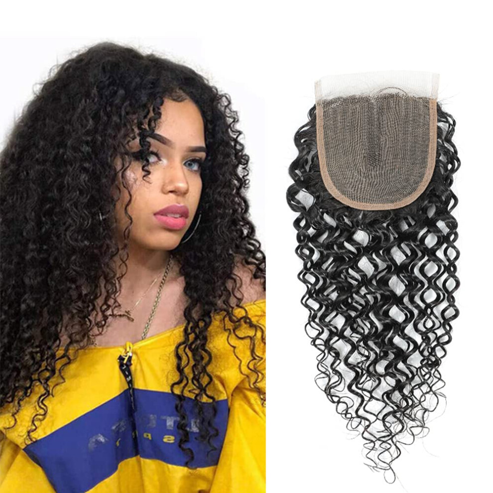 18 Inch Human Hair Lace Closure Natural Black Curly Wave Middle Part Virgin Remy Hair