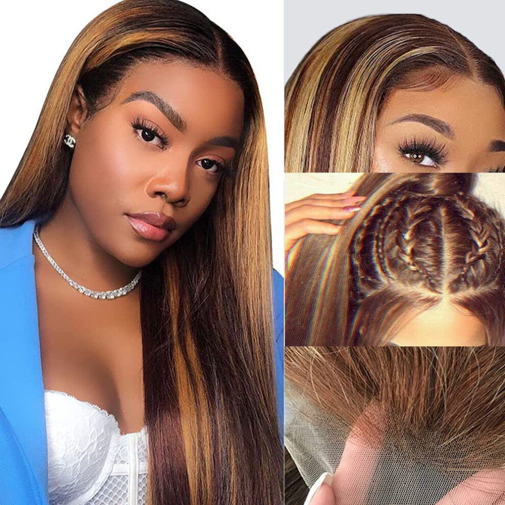 Unisex Brown Blonde Ombre Human Hair Lace Front Wig 13X4 Brazilian Virgin Straight Pre Plucked With Baby Hair