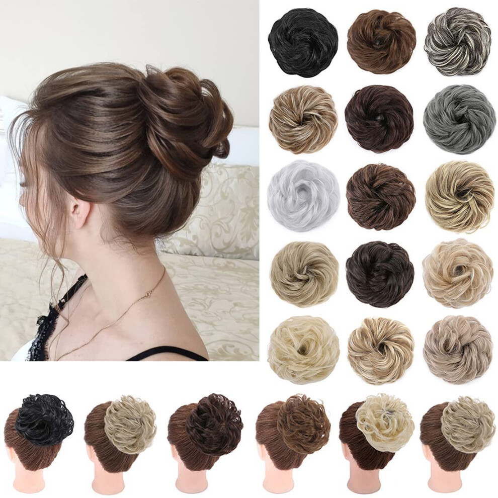 Unisex Messy Bun Hair Piece Curly Wavy Synthetic Chignon With Elastic Band For Instant Volumizing Updo 6T27#